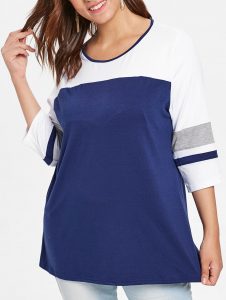 Color Block Plus Size Striped Panel Sleeve T-shirt - Blue