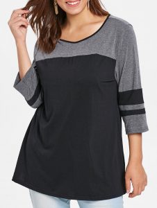 Color Block Plus Size Striped Panel Sleeve T-shirt - Black