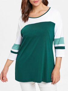 Color Block Plus Size Striped Panel Sleeve T-shirt - Green