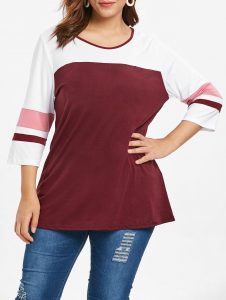 Color Block Plus Size Striped Panel Sleeve T-shirt - Red Wine