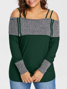 Plus Size Foldover Cold Shoulder T-shirt - Dark Green