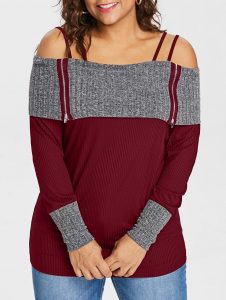 Plus Size Foldover Cold Shoulder T-shirt - Red Wine