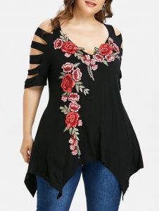 Plus Size Shredding Cut Embroidery T-shirt - Black