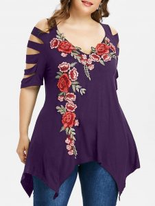 Plus Size Shredding Cut Embroidery T-shirt - Purple Haze