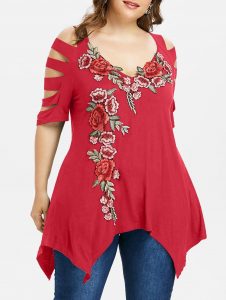 Plus Size Shredding Cut Embroidery T-shirt - Lava Red