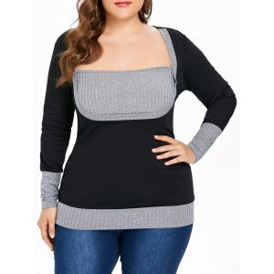 Plus Size Color Block Square Neck T-shirt - Black