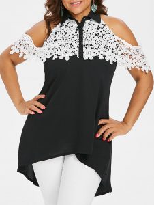 Plus Size Crochet Lace Flounce Blouse - Black