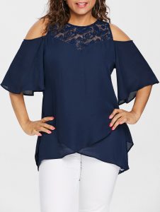 Plus Size Lace Cold Shoulder Overlap Blouse - Deep Blue