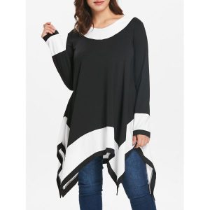 Plus Size Contrast Long Sleeve Handkerchief T-shirt - Black