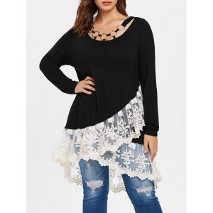 Plus Size Lace Trim Layered Tunic T-shirt - Black