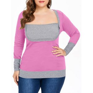 Plus Size Color Block Square Neck T-shirt - Deep Pink