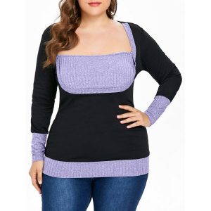 Plus Size Color Block Square Neck T-shirt - Mauve