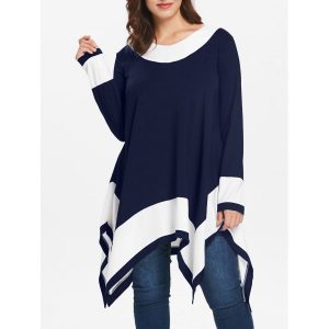 Plus Size Contrast Long Sleeve Handkerchief T-shirt - Denim Dark Blue