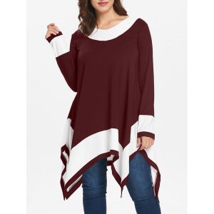 Plus Size Contrast Long Sleeve Handkerchief T-shirt - Chestnut