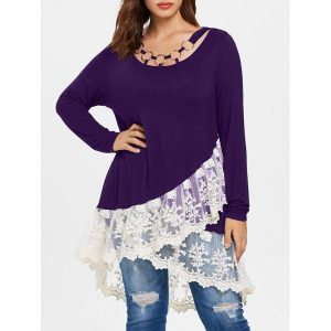 Plus Size Lace Trim Layered Tunic T-shirt - Purple Iris