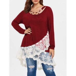 Plus Size Lace Trim Layered Tunic T-shirt - Red Wine