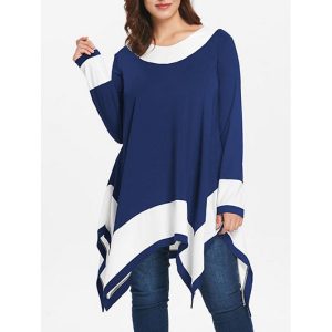 Plus Size Contrast Long Sleeve Handkerchief T-shirt - Blueberry Blue