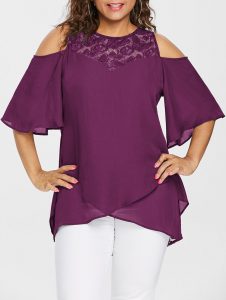 Plus Size Lace Cold Shoulder Overlap Blouse - Purple