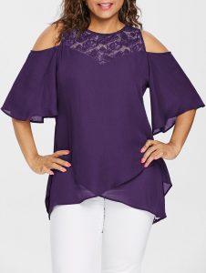 Plus Size Lace Cold Shoulder Overlap Blouse - Violet