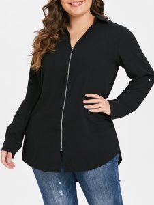 Turn Down Collar Plus Size Zip Embellished Blouse - Black