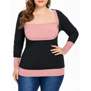 Plus Size Color Block Square Neck T-shirt - Light Pink