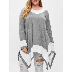 Plus Size Contrast Long Sleeve Handkerchief T-shirt - Gray Cloud