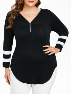 Plus Size Zip V Neck Curvy T-shirt - Black