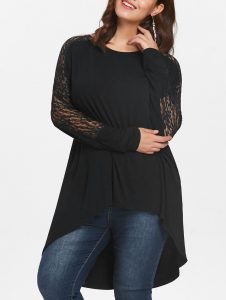 Plus Size Lace High Low T-shirt - Black