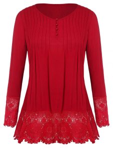 Button Detail Plus Size Lace Panel T-shirt - Red