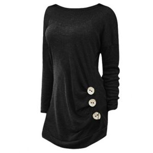 Side Button Detail Plus Size Long Sleeve T-shirt - Black