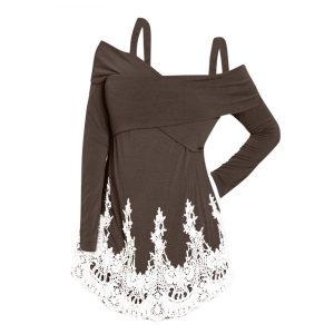 Plus Size Front Criss Cross Applique T-shirt - Coffee