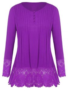 Button Detail Plus Size Lace Panel T-shirt - Purple