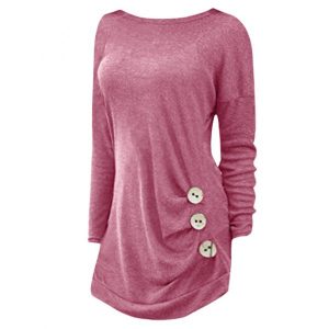 Side Button Detail Plus Size Long Sleeve T-shirt - Deep Pink