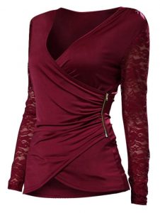 Plus Size Lace Spliced Zip Long Sleeves Wrap Tee - Red Wine