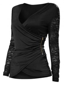 Plus Size Lace Spliced Zip Long Sleeves Wrap Tee - Black