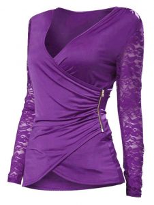 Plus Size Lace Spliced Zip Long Sleeves Wrap Tee - Violet