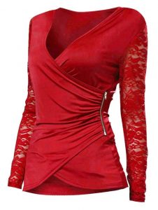 Plus Size Lace Spliced Zip Long Sleeves Wrap Tee - Red