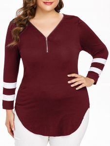 Plus Size Zip V Neck Curvy T-shirt - Red Wine