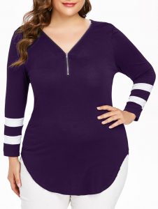 Plus Size Zip V Neck Curvy T-shirt - Purple Iris