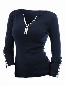 V Neck Plus Size Button Embellished T-shirt - Deep Blue