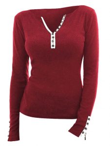 V Neck Plus Size Button Embellished T-shirt - Red Wine