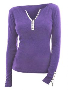 V Neck Plus Size Button Embellished T-shirt - Purple