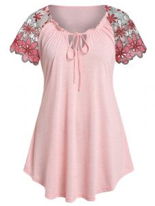 Plus Size Raglan Sleeve Lace Up T Shirt - Light Pink