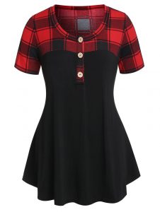 Plus Size Checked Panel Button T Shirt - Black