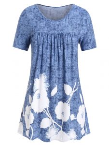 Plus Size Floral Print Flare T Shirt - Blue Koi