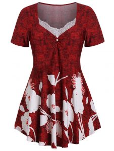 Plus Size Floral Marled T-shirt - Red Wine