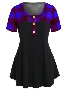 Plus Size Checked Panel Button T Shirt - Cobalt Blue