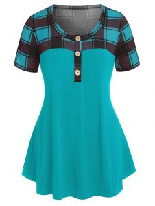 Plus Size Checked Panel Button T Shirt - Turquoise