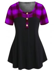 Plus Size Checked Panel Button T Shirt - Purple Iris