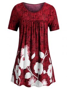 Plus Size Floral Print Flare T Shirt - Red WIne